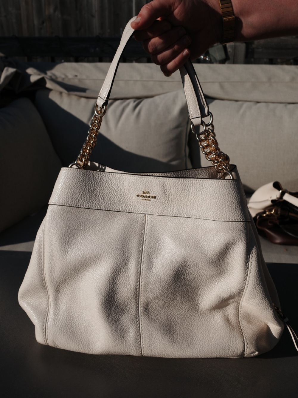 Coach Cream Pebbled Leather Shoulder Bag with Gold Chain Handles